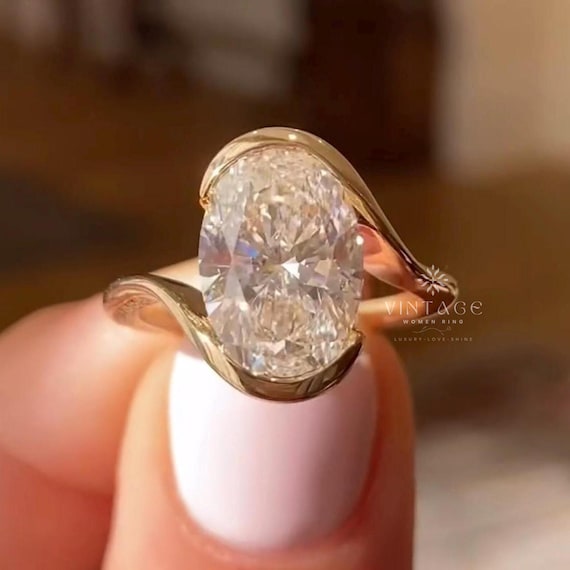 3 CT Oval Cut With Half Bezel Setting Engagement Ring Bypass Style Solitaire Ring 14K Solid Gold Moissanite Diamond Ring Wedding Gift Ring