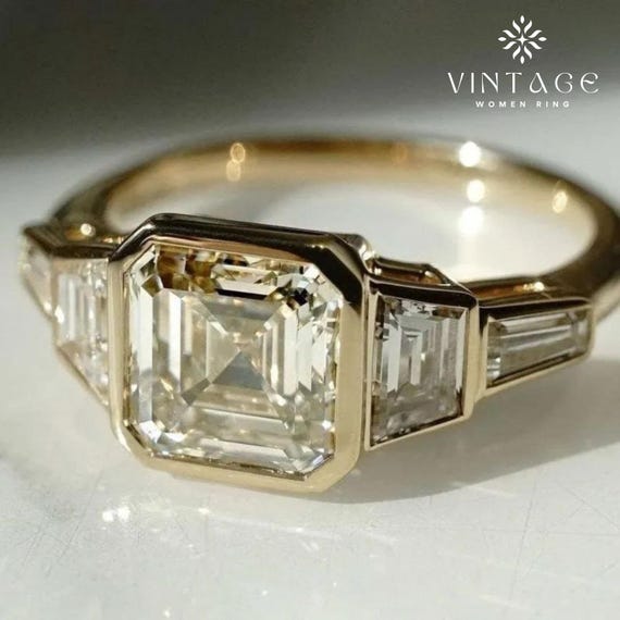 Asscher Cut Moissanite Ring: Bezel Set Five Stone 925 Silver
