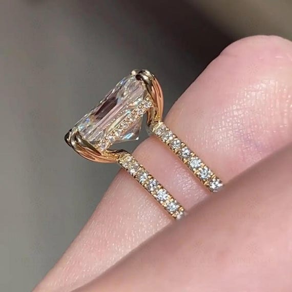 5 CT Radiant Cut Moissanite Engagement Ring: Double Band Hidden Halo