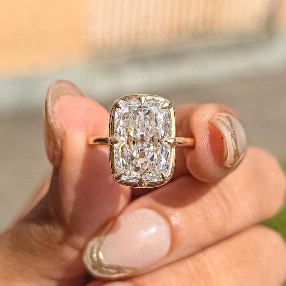 Old Mine Elongated Cushion Cut  Lab Grown Ring Bezel Set Cushion Cut Lab Grown Engagement Ring Wedding Ring Anniversary Gifts For girlfriend
