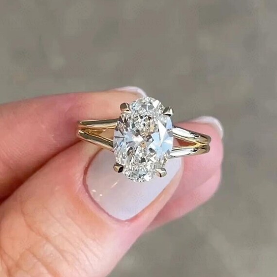 3 CT Oval Cut Moissanite Engagement Ring 18k Yellow Gold Split Shank Wedding Band Unique Hidden Halo Low Setting Solitaire Diamond Ring Gift