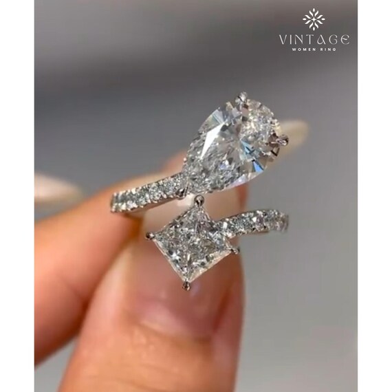 4 CT Moissanite Two Stone Ring Pear and Princess Cut Toi et Moi Ring Double Stone Engagement Ring Modern Promise Ring Proposal Ring For Her