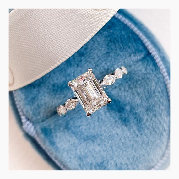 1.71 Ct Emerald Cut Solitaire Moissanite Engagement Ring, Pave Diamond Wedding Ring, 18k White Gold Diamond Bridal Ring, Anniversary Ring