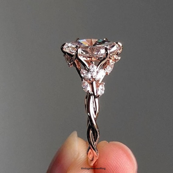 Floral Marquise Cut Moissanite Engagement Ring, Leaf Ring For Her, Vintage Moissanite Diamond Wedding Ring Eco-Friendly Nature Inspire Ring