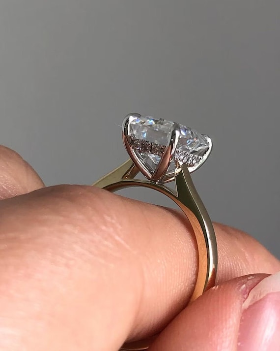 1.91ct Emerald Cut Hidden Halo Moissanite Engagement Ring, Emerald Solitaire Ring, Classic Emerald Diamond Ring, 18k Gold Wedding Ring