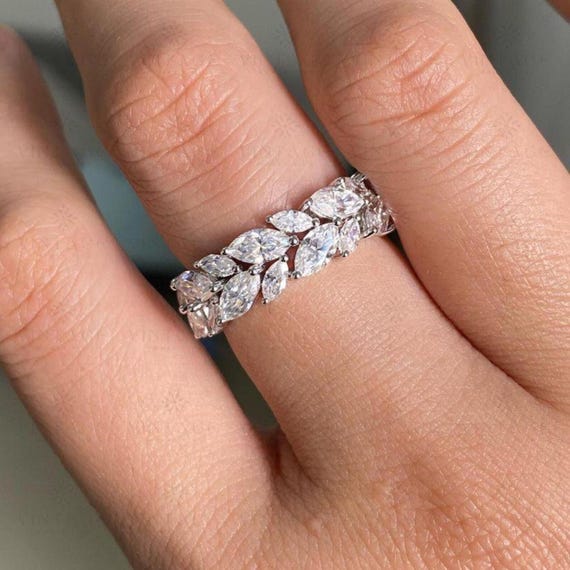 Marquise Moissanite Eternity Band: White Gold Bridal Ring