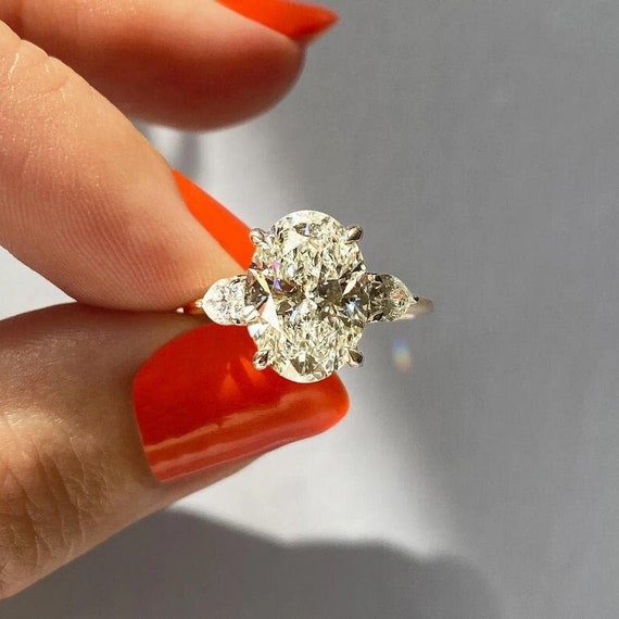 1.91ct Oval Cut Three Stone Moissanite Engagement Ring, Cathedral Oval Solitaire Diamond Ring, 18k Yellow Gold Stacking Wedding Ring For Her