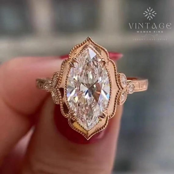 Bezel Set 3 CT Marquise Cut Engagement Ring Vintage Marquise Cut Moissanite Ring 14K Yellow Gold Nature Inspired Ring Wedding Ring For Women