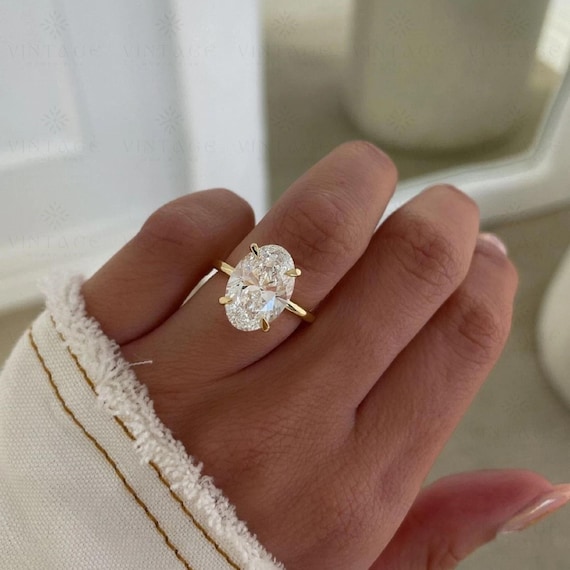 5 CT Ice Crushed Oval Moissanite Engagement Ring: Solid Gold Hidden Halo