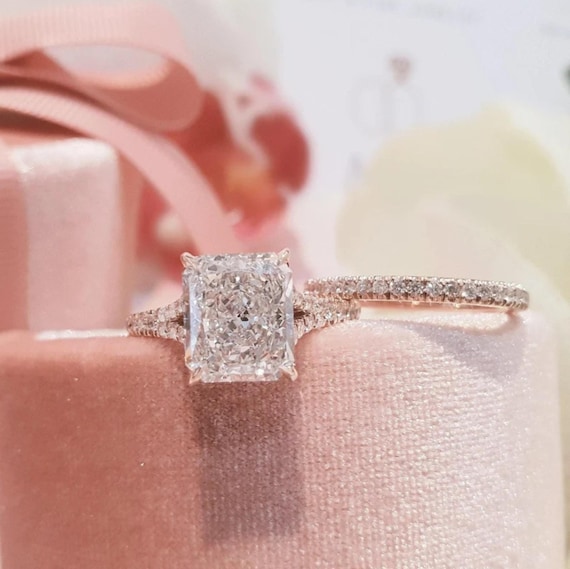 3.50 CT Radiant Cut Moissanite Engagement Ring Set 14k Rose Gold Moissanite Half Eternity Band Ring Set Unique Shank Bridal Wedding Ring Set