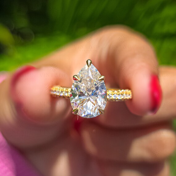 3CT Pear Shape Moissanite Engagement Ring Pear Cut Hidden Halo Ring Tear Drop 14K Solid Gold Pave Setting Ring Anniversary Ring Gift For Her