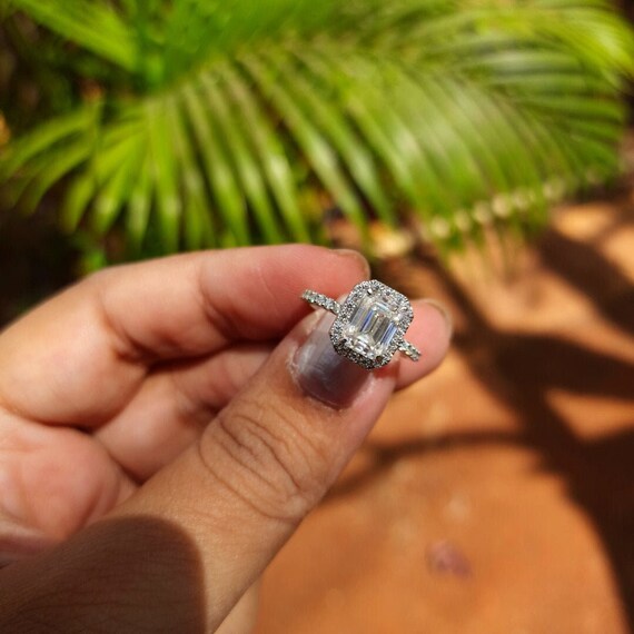 3 CT Emerald Cut Halo Moissanite Engagement Ring | 18K White Gold Half Pave Diamond Ring | Wedding Anniversary & Proposal Gift for Her