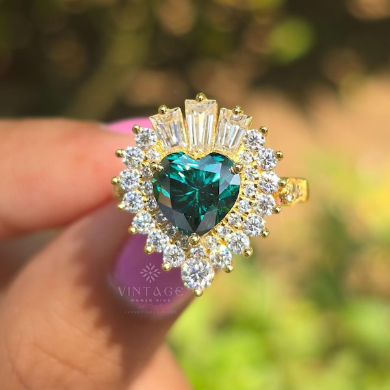 Green Heart Cut Moissanite Ring 14k Gold Halo Engagement Ring Starburst Halo Ring Delicate Milgrain Setting Romantic Proposal Gift For Women