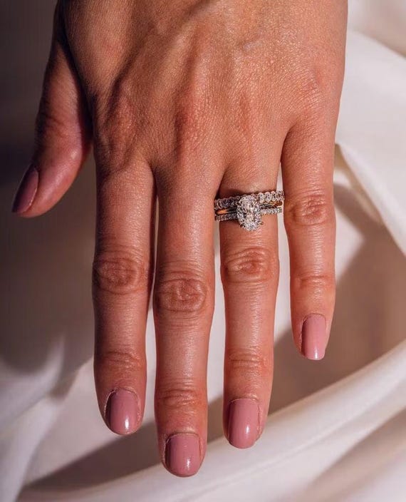 3CT Oval Moissanite Engagement Ring Set | 14K Gold Trio Bridal Ring Set | Plain Matching Band | Wedding Jewelry | Anniversary Gift for Her