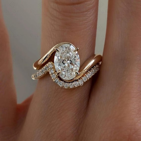 2.5CT Oval Moissanite Ring Set | 14K Gold Curved Band Bridal Set | Unique Engagement Ring | Anniversary Promise Ring for Her
