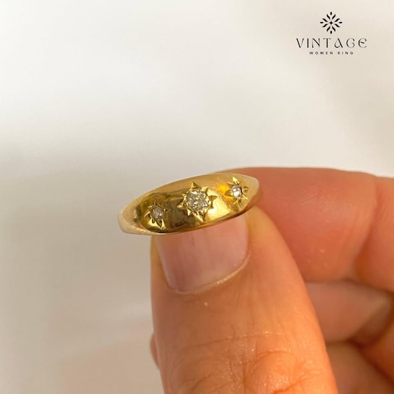 Vintage Gypsy Diamond Ring | 14K Solid Gold Star Set Band | Three Stone Antique Ring | Promise Wedding Band | Anniversary Gift Her