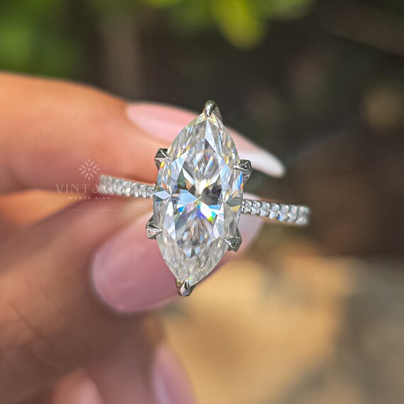 4 CT Marquise Cut Moissanite Engagement Ring, 14K Solid Gold, 6 Prong With Hidden Halo Ring, Elongated Marquise, Promise Ring, Wedding Gift
