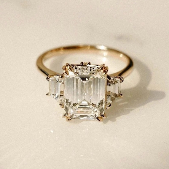 Emerald Cut Three Stone Moissanite Engagement Ring | Trapezoid Side Stones Bridal Ring | 4CT 14K Gold Wedding Promise Ring for Her