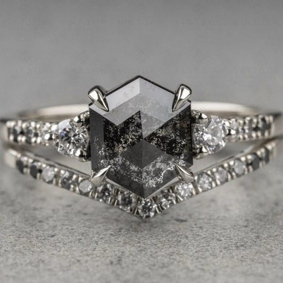 1.50 CT Salt and Pepper Hexagon Diamond Ring Set | Unique Black Speckled Diamond | 14K White Gold Engagement & Wedding Ring Gift for Her
