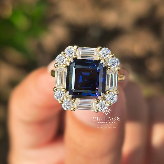 Asscher Cut Moissanite Diamond Ring Asscher Cut Halo Engagement Ring Blue Moissanite Ring Designer Ring Proposal Gift Ring For girlfriend