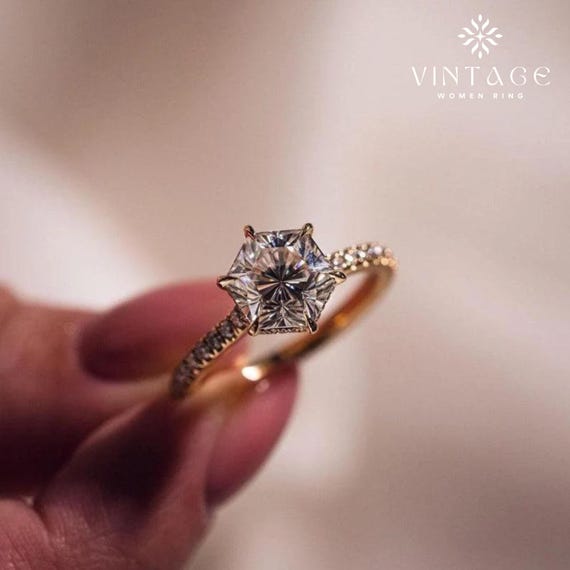 Hexagon Cut Moissanite Ring Hidden Halo Diamond Engagement Ring 18K Solid Gold Art Deco Pave Set Ring Wedding Proposal Ring For Girlfriend
