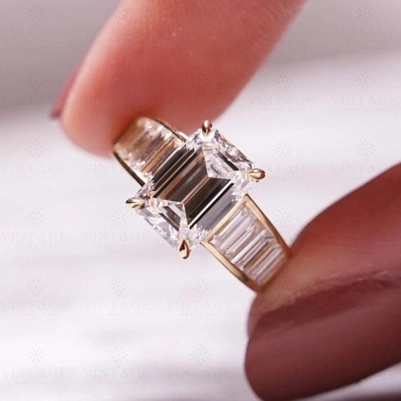 2.50 CT Emerald Cut Moissanite Ring: Solid Yellow Gold Baguette Band