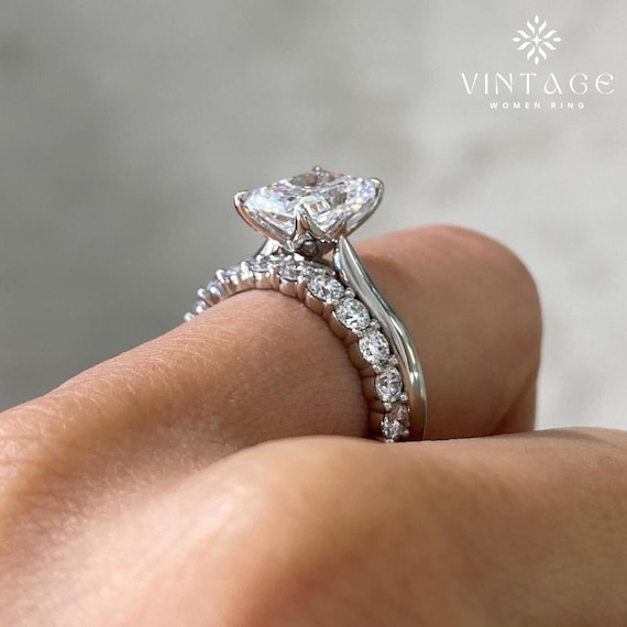 2CT Radiant Cut Solitare and half eternity band engagement ring 14K White Gold Sterling Promise Bridal Set Wedding Proposal Ring Set