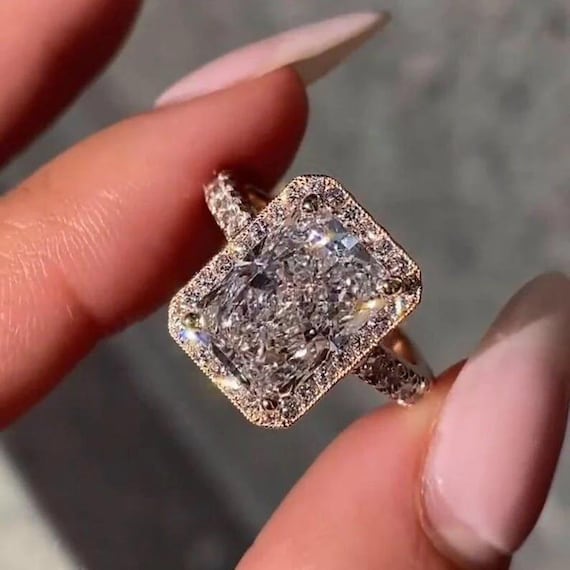 3CT Radiant Engagement Ring 14K Yellow Gold Ring Halo Moissanite Wedding Ring Thank You Gift For Her Promise Anniversary Gift Proposal Ring