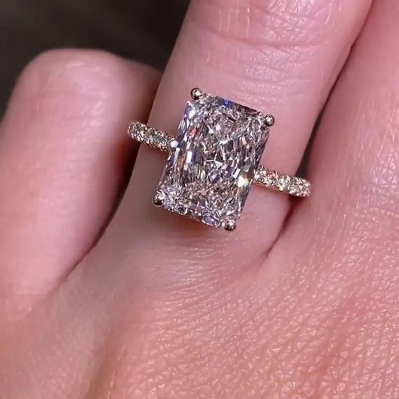4 CT Radiant Cut Moissanite Engagement Ring: Hidden Halo Solitaire
