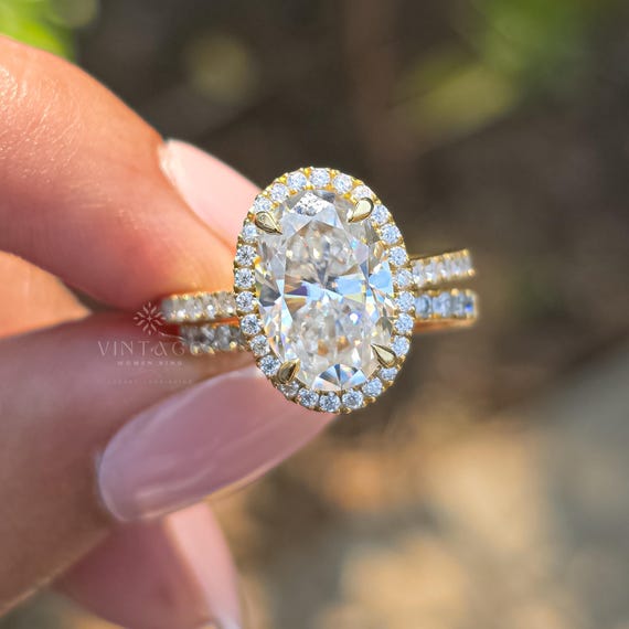2CT Oval Cut Moissanite Engagement Ring Set Bridal Ring Set Hidden Halo Ring 14K Solide Gold Ring Set Full Eternity Promise Band Set For Her