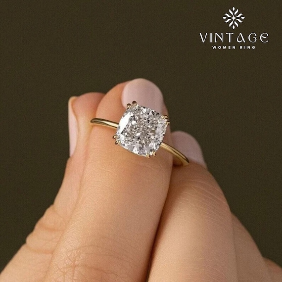 3 CT Cushion Cut Diamond Engagement Ring for Women | Two Claw 14K Gold Solitaire Ring | Simple Gold Wedding Band | Diamond Ring Gift for Her
