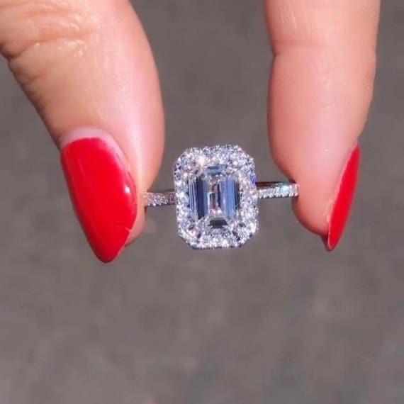 Emerald Cut Moissanite Halo Engagement Ring | Platinum Eternity Band | 14K Solid Gold Unique Bridal Ring | Promise & Proposal Ring for Her
