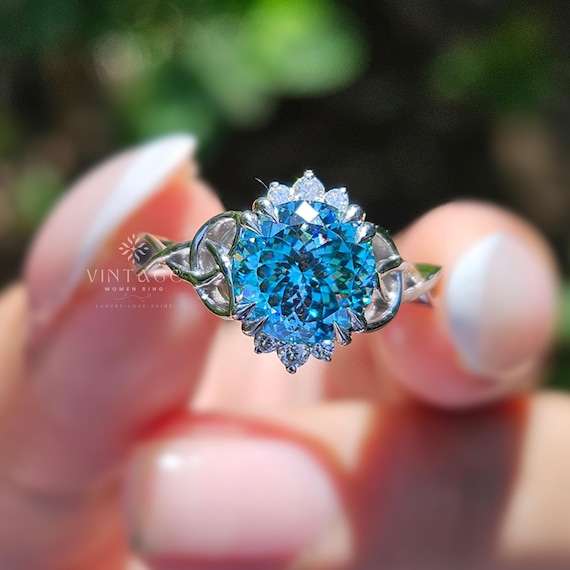 Classic 2 CT Portuguese Cut, Cyan Blue Moissanite Engagement Ring, Solitaire Ring Cathedral Wedding Ring, Promise Ring For Her, Vintage Ring
