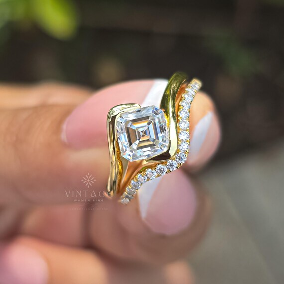 2 Ct Asscher Cut Engagement Ring Set 14k Yellow Gold Asscher Cut Moissanite Solitaire Ring Forever One Wedding Ring Bridal Set For Her