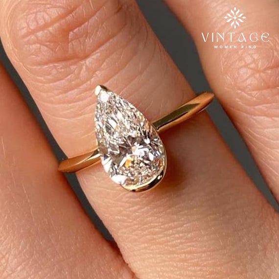 Unique 2 Ct Pear Cut Moissanite Diamond Half Bezel Engagement Ring Dainty 14k Solid Gold Solitaire Ring Wedding Proposal Ring Gift For Her
