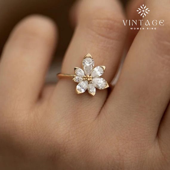 2.5 CT Pear Moissanite Flower Ring | 18K Solid Gold Cocktail Ring | Unique Diamond Engagement Ring for Women | Floral Jewelry Gift for Bride