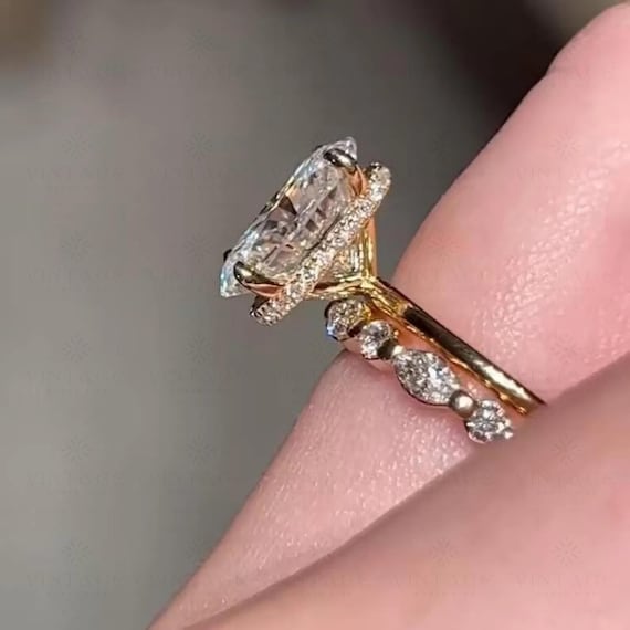 Oval Cut Moissanite Wedding Ring Set Oval Cut Solitaire Engagement Ring Full Eternity Stacking Ring 14K Solid Gold Proposal Ring Set For Her