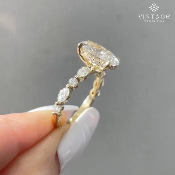 3 CT Oval Cut Moissanite Diamond Engagement Ring, 18K White Gold Ring, Side Diamond Round & Marquise Hidden Halo, Promise Ring, Gift For Mom