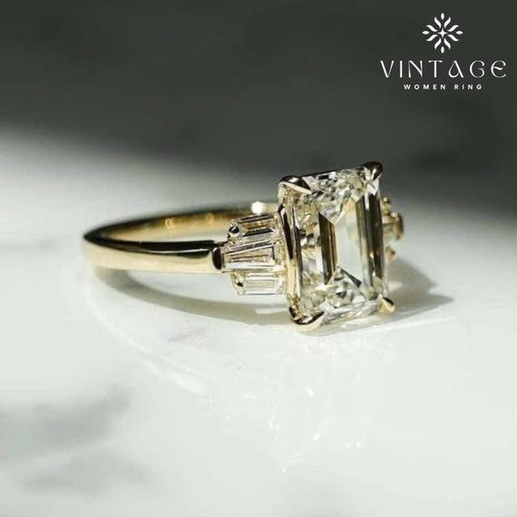 Emerald Cut Moissanite Engagement Ring: 18K Gold with Baguette Accents