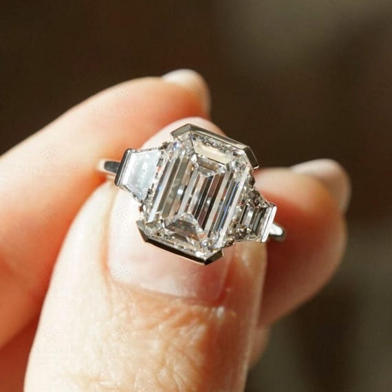 3 CT Emerald Cut Moissanite Three Stone Ring in 18k Yellow Gold, Trilogy Engagement Ring with Trapezoid Sides, Anniversary Gift For Women