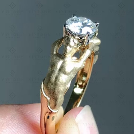Artistic Nude Male Sculpture Ring Moissanite Diamond Engagement Ring Unique 14K Gold Statement Ring Mythical Vintage Inspired Jewelry Gift