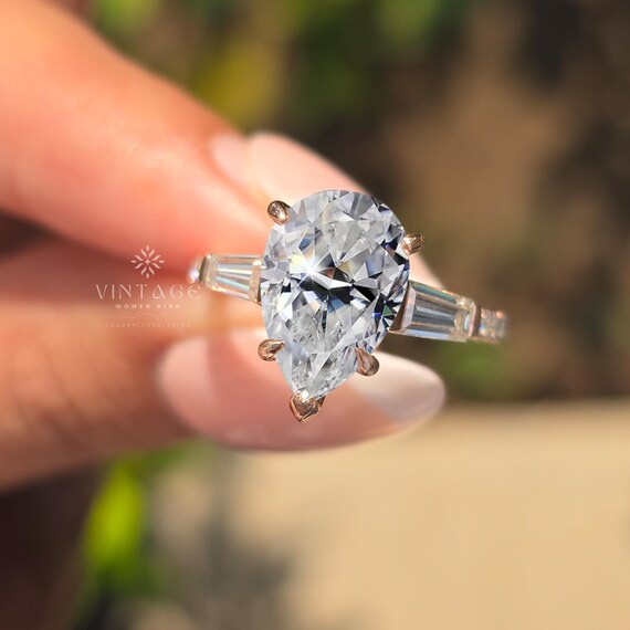 3Ct Pear Cut Moissanite Three Stone Engagement Ring | 14K Solid Gold Tapered Baguette Side Stone Unique Ring | Anniversary Gift Ring For Her
