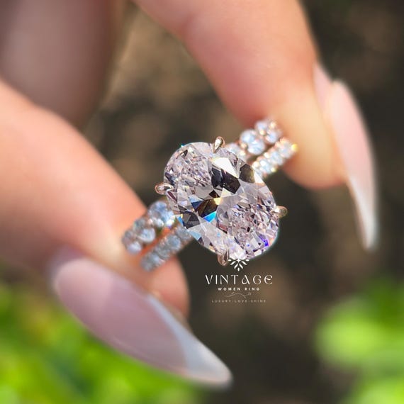 Oval Cut Moissanite Wedding Bridal Set 14K Gold with Round Half Eternity Band Oval Solitaire Ring Engagement Ring Set Gift For girlfriend