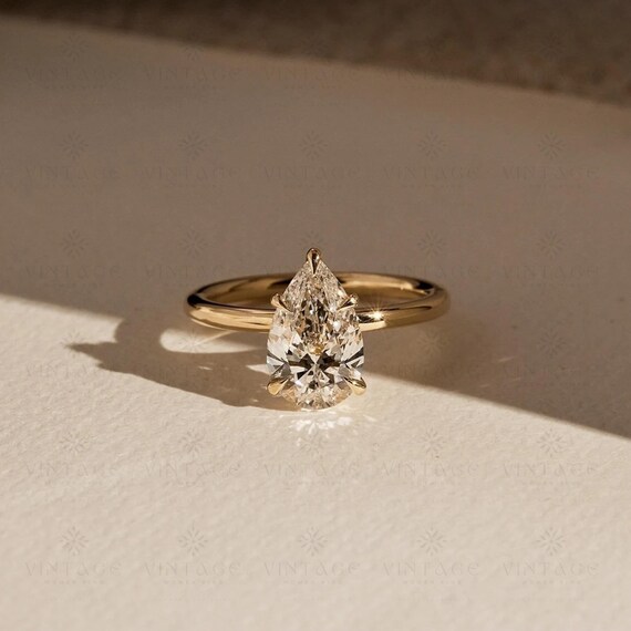 2CT Pear Cut Moissanite Diamond Ring Pear Solitaire Engagement Ring Minimalist 14K Solid Gold Dainty Ring Hidden Halo Promise Ring For Her