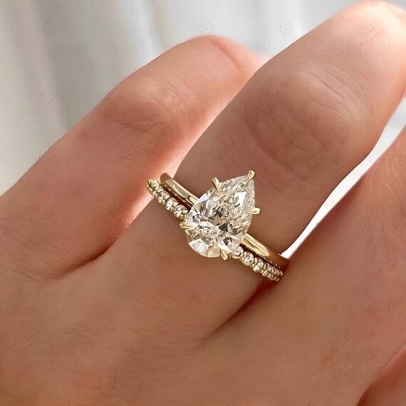 Moissanite Diamond Wedding Ring Set 3CT Pear Cut Hidden Halo Bridal Set Pear cut Matching Band Wedding Ring Set Anniversary Gift Ring set
