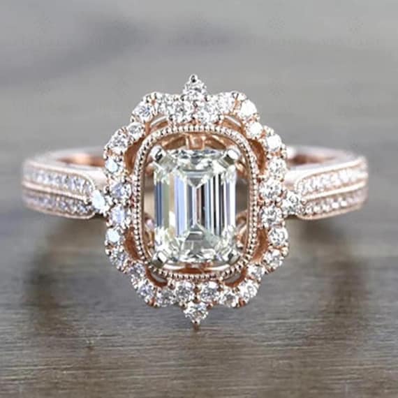 2.00 CT Emerald Cut Moissanite Ring: 14K Rose Gold Art Deco Halo Wedding Ring
