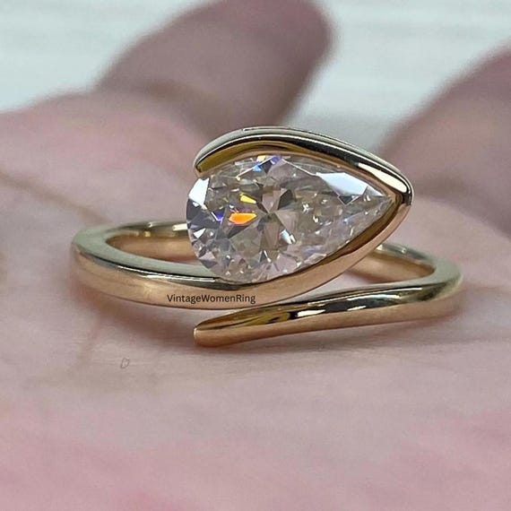 2 CT East West Pear Cut Moissanite Engagement Ring, Tear Drop Bypass Ring, 14K Gold Half Bezel Set Ring, Wedding Ring, Engagement Ring gift