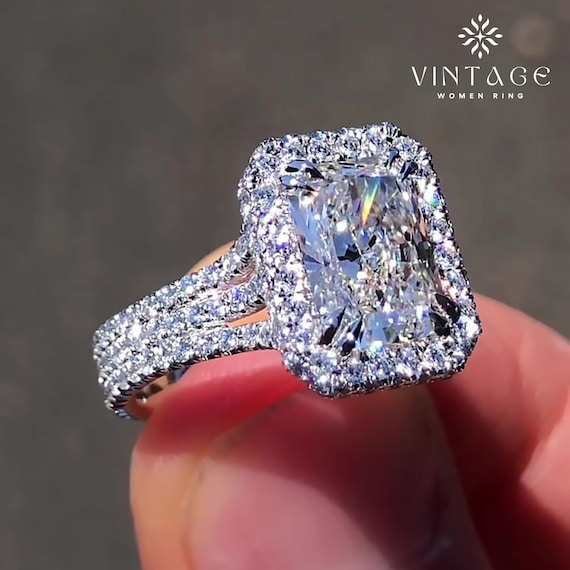 2.00 Ct Radiant Cut Moissanite Engagement Diamond Ring Three Band Pave Set Ring Halo Ring 4 Prong Ring Wedding Ring Anniversary Ring For Her