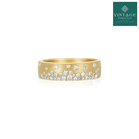 18K Gold Moissanite Band | Satin Finish Cigar Ring | Scattered Diamond Eternity Band | Bold Gold Ring Gift for Her | Unique Statement Ring