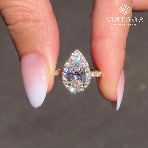 2 CT Pear Cut Moissanite Engagement Ring | 14K Yellow Gold Hidden Halo Flower Ring | Vintage Bridal Band Gift Wedding Ring Gift for Women